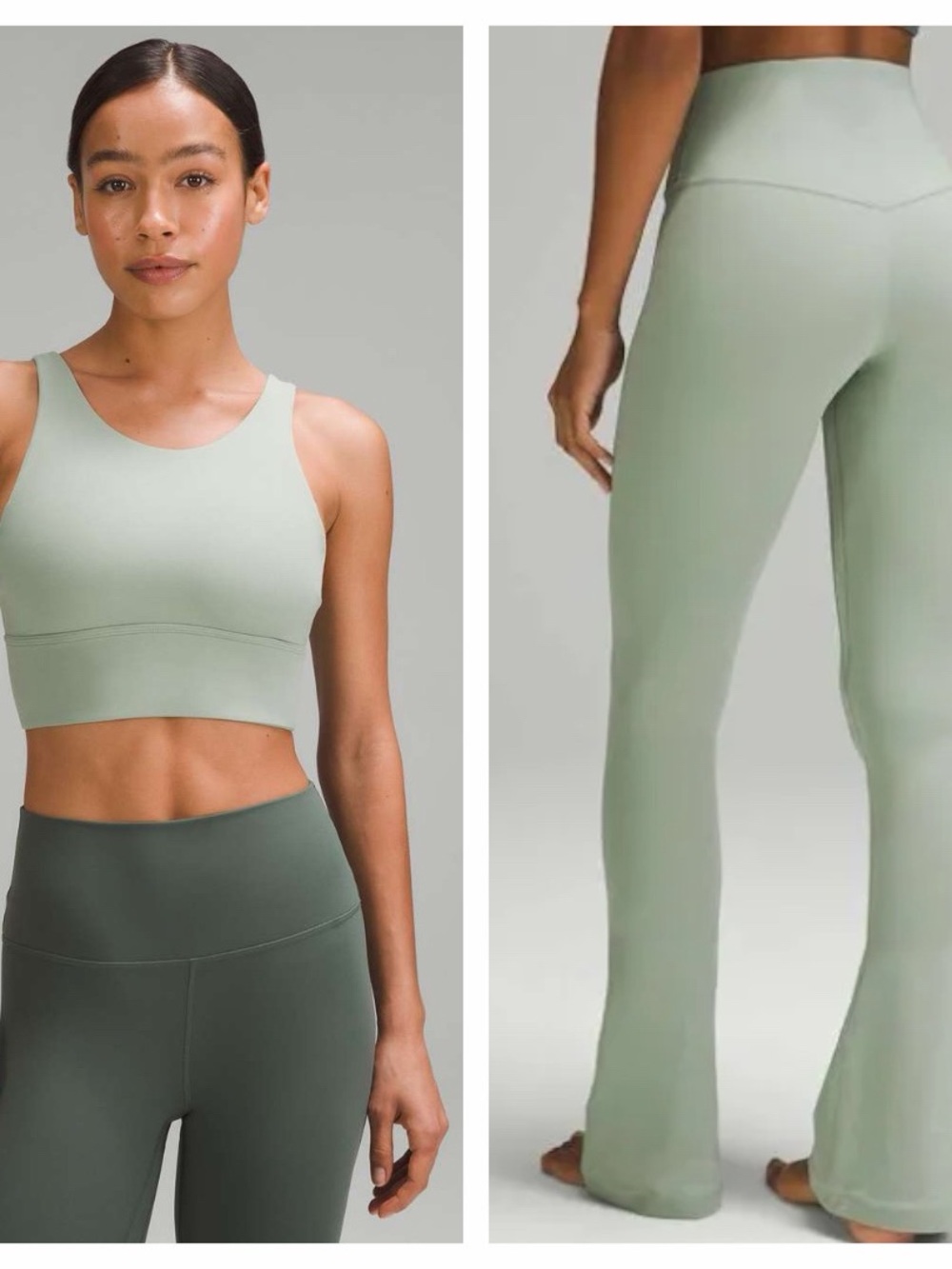 Lululemon mini flare pants and high neck sage green sports bra both size 6